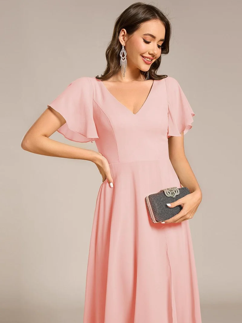 ever AALIA|Robe Mariage Invitée haute-basse mousseline col en V Manches à volants