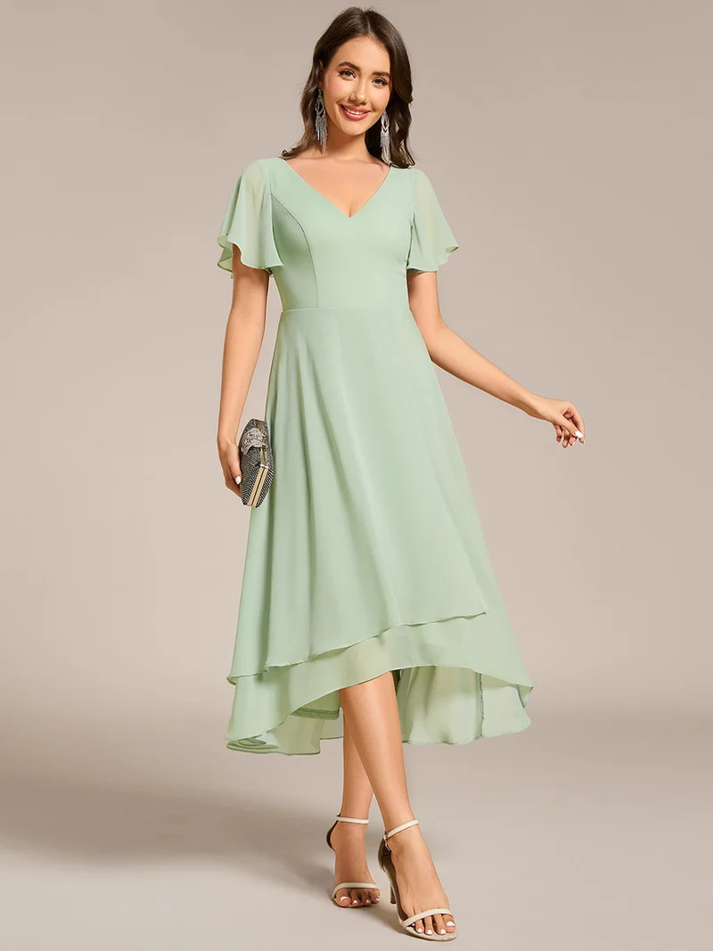 ever AALIA|Robe Mariage Invitée haute-basse mousseline col en V Manches à volants