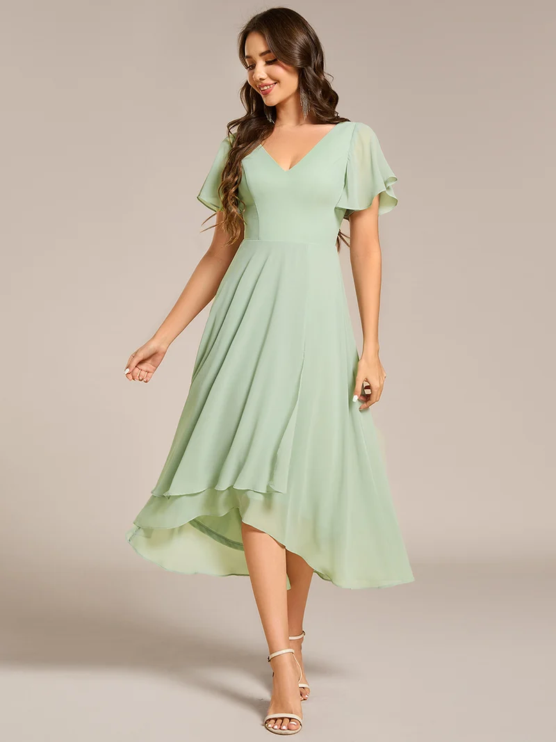 ever AALIA|Robe Mariage Invitée haute-basse mousseline col en V Manches à volants