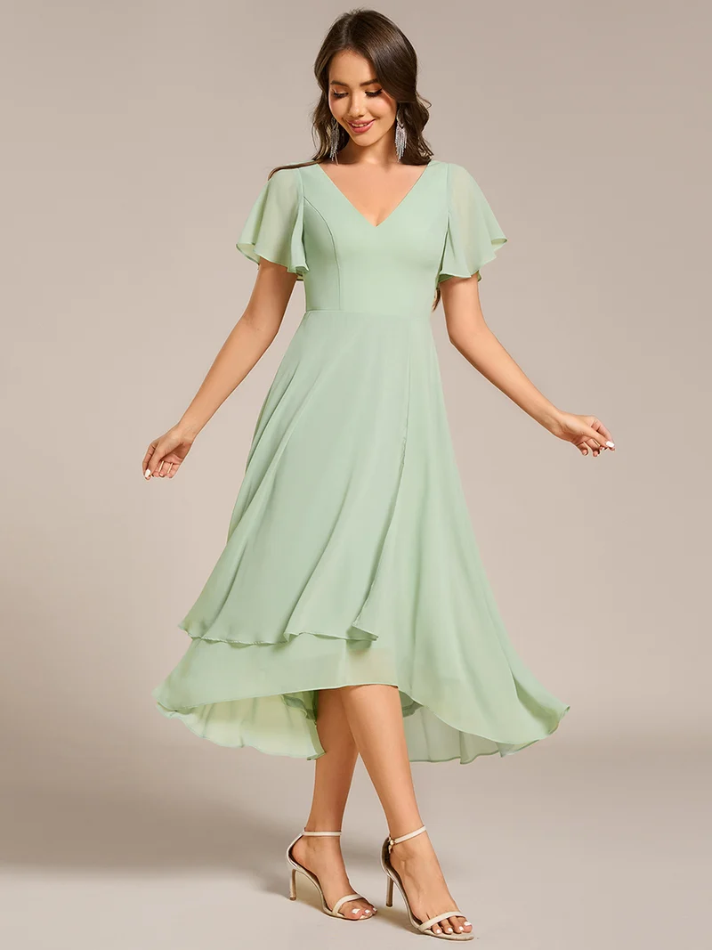 ever AALIA|Robe Mariage Invitée haute-basse mousseline col en V Manches à volants