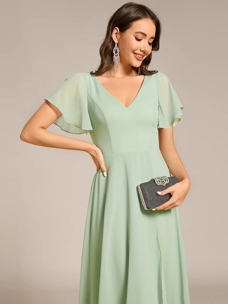 ever AALIA|Robe Mariage Invitée haute-basse mousseline col en V Manches à volants