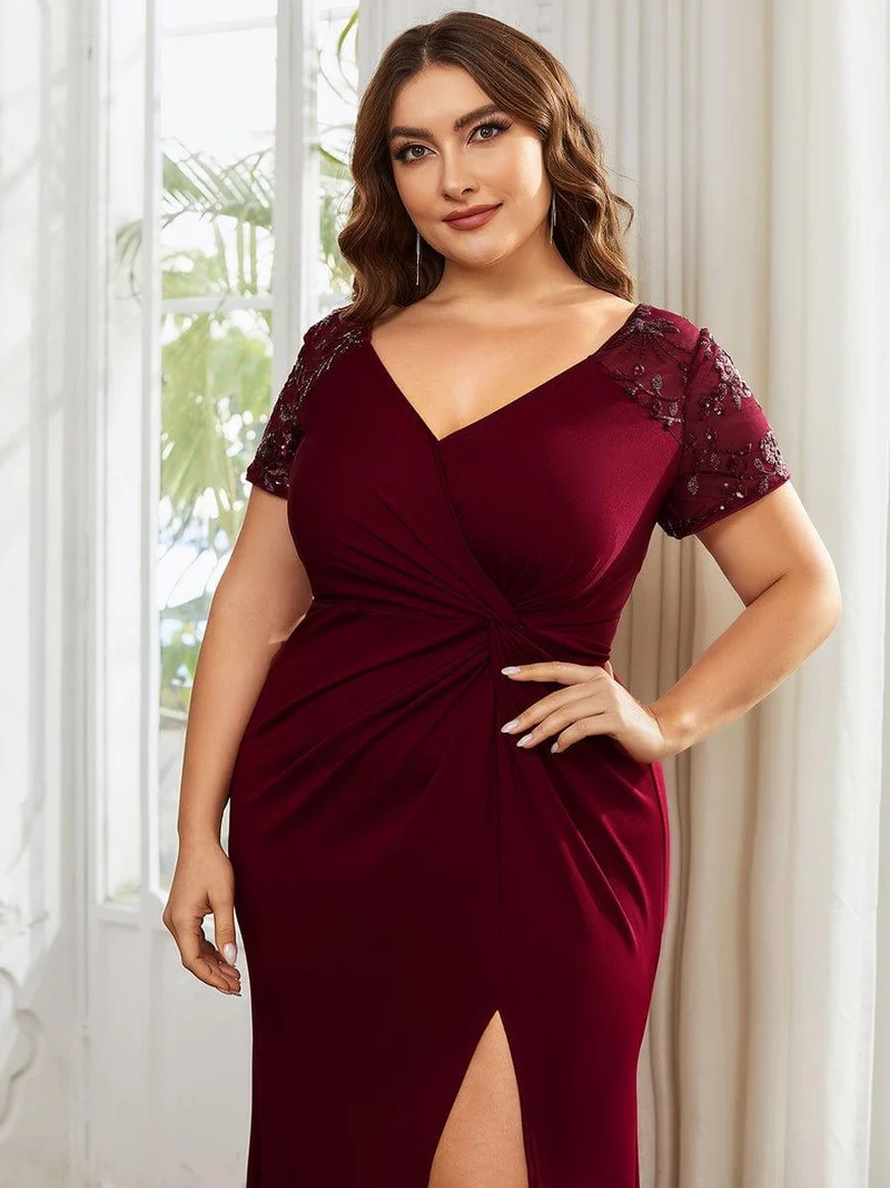 pretty GILDED|Robe Mère de la mariée Manches courtes Encolure V profonde Fente Grande Taille
