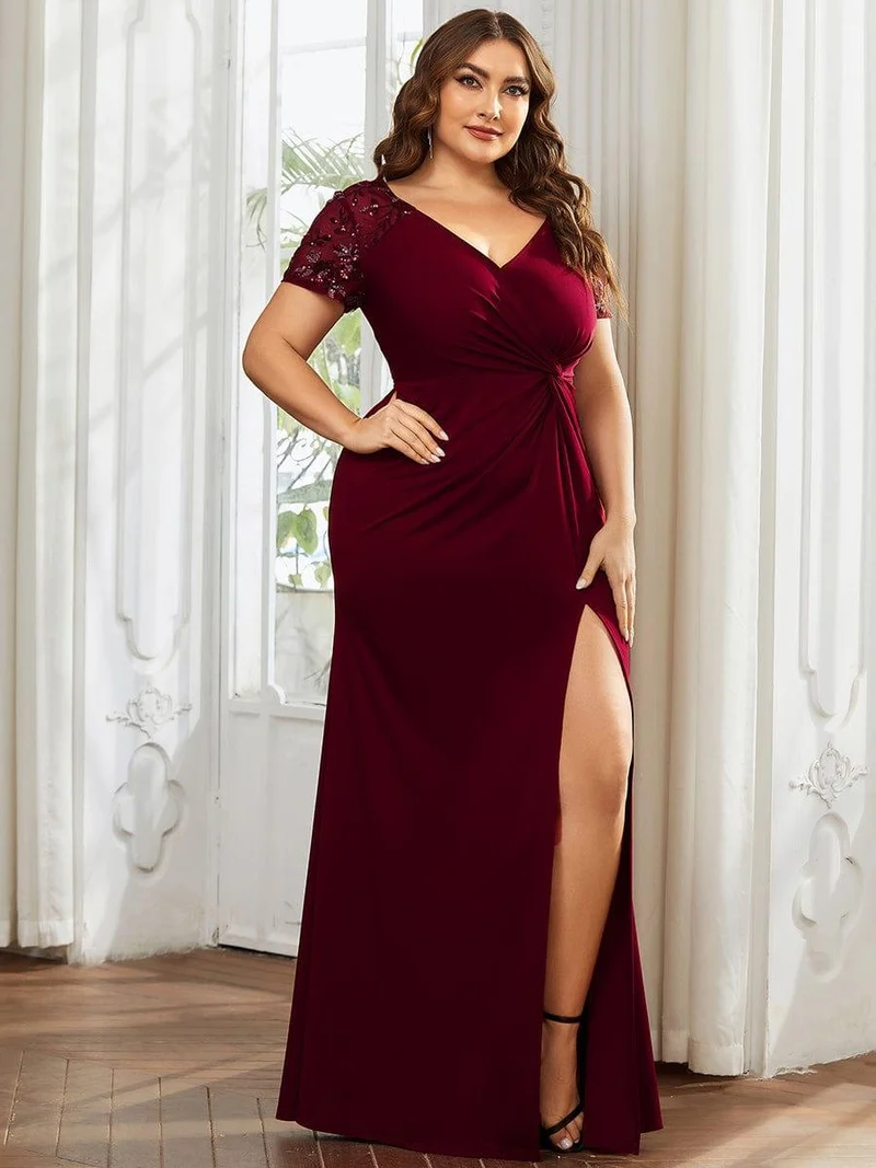 pretty GILDED|Robe Mère de la mariée Manches courtes Encolure V profonde Fente Grande Taille