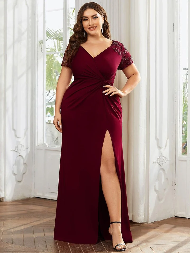 pretty GILDED|Robe Mère de la mariée Manches courtes Encolure V profonde Fente Grande Taille