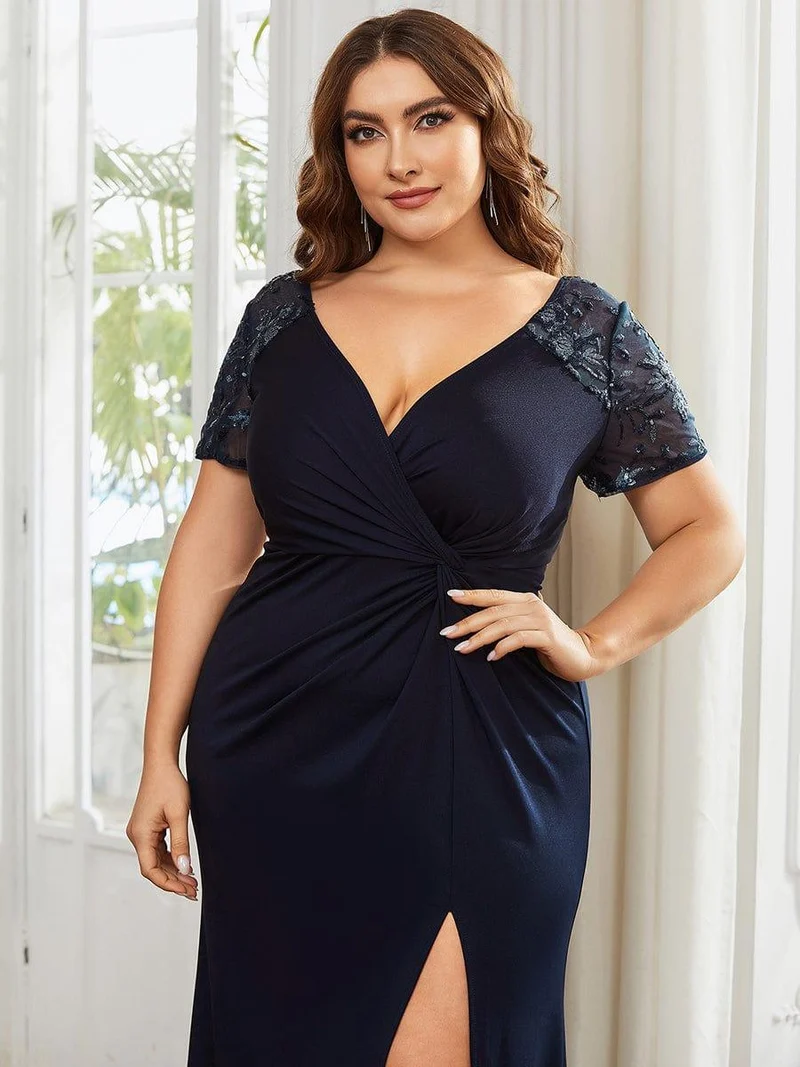 pretty GILDED|Robe Mère de la mariée Manches courtes Encolure V profonde Fente Grande Taille