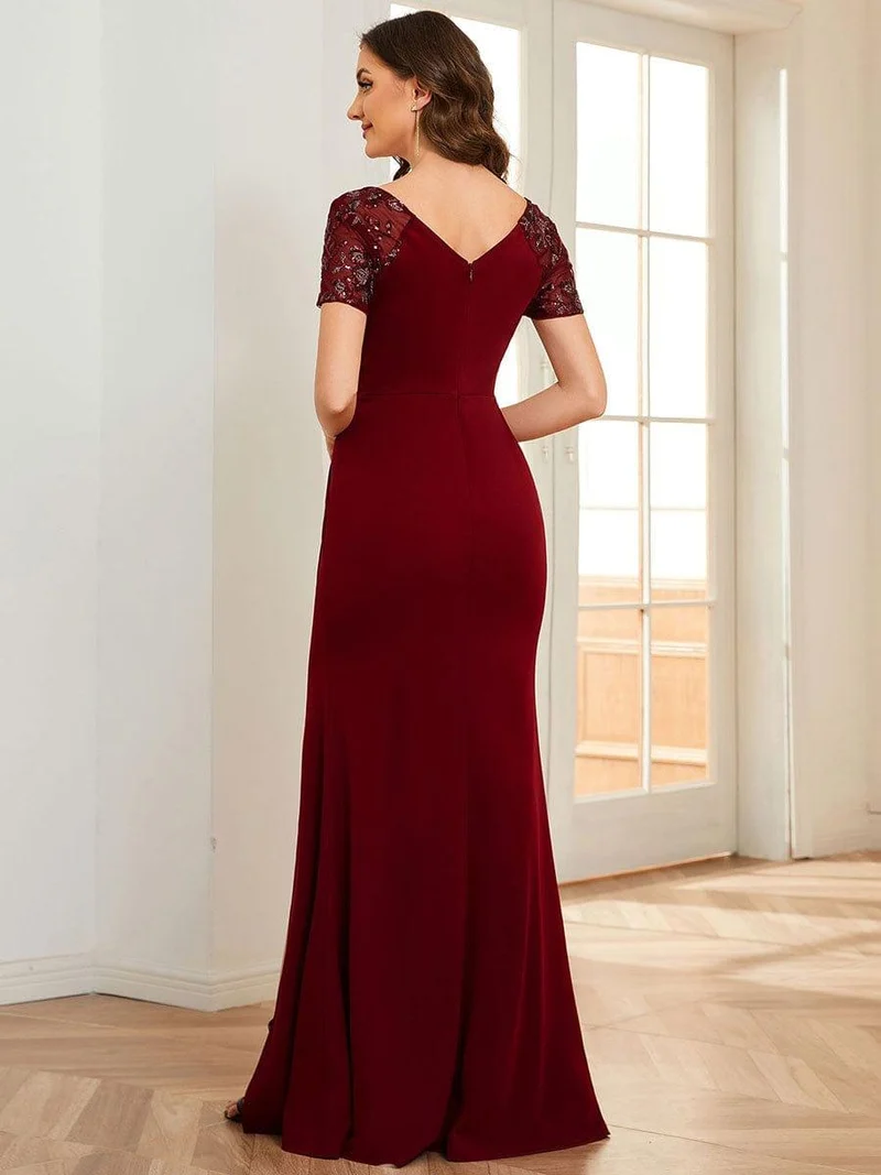 ever GILDED|Robe Mère de la mariée Manches courtes Encolure V profonde Fente sur le devant