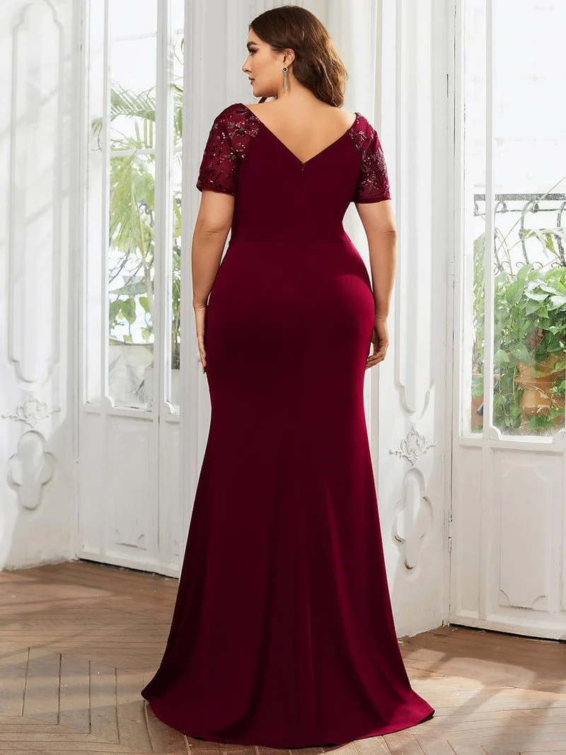 ever GILDED|Robe Mère de la mariée Manches courtes Encolure V profonde Fente sur le devant