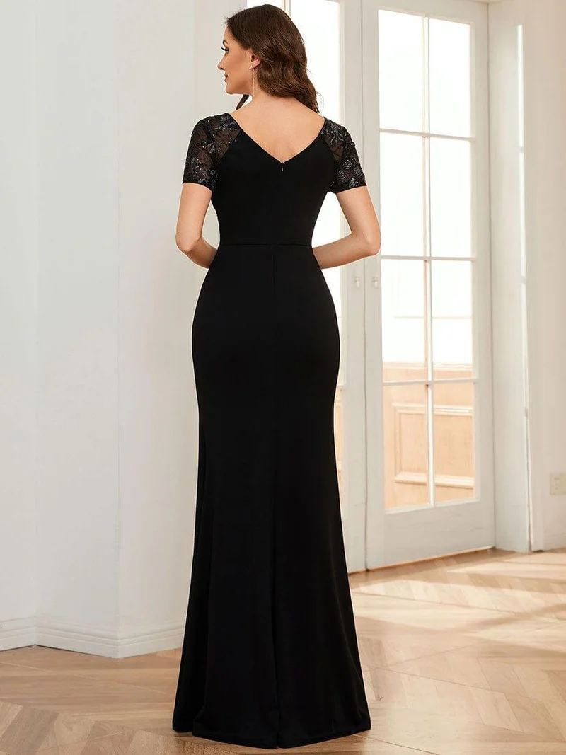 ever GILDED|Robe Mère de la mariée Manches courtes Encolure V profonde Fente sur le devant