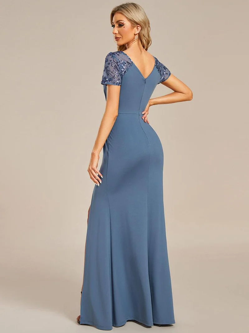 ever GILDED|Robe Mère de la mariée Manches courtes Encolure V profonde Fente sur le devant