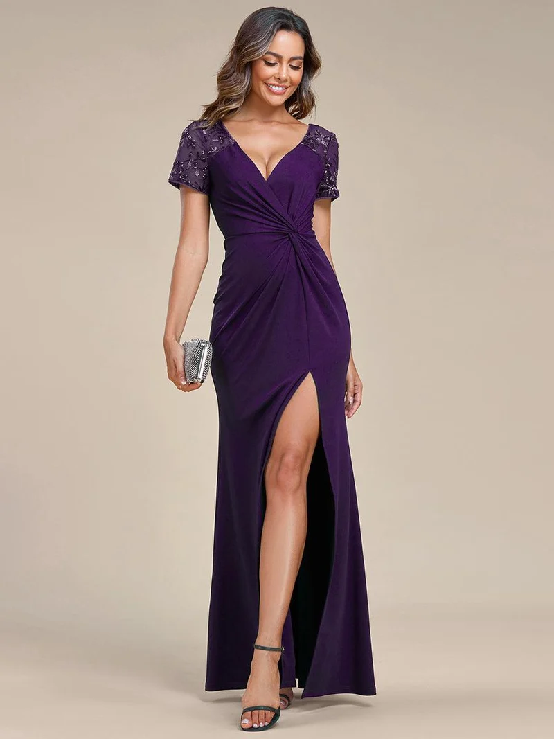 ever GILDED|Robe Mère de la mariée Manches courtes Encolure V profonde Fente sur le devant