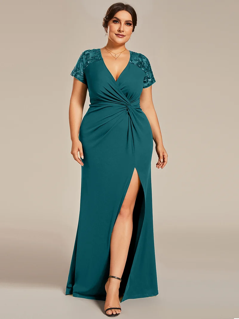 ever GILDED|Robe Mère de la mariée Manches courtes Encolure V profonde Fente sur le devant