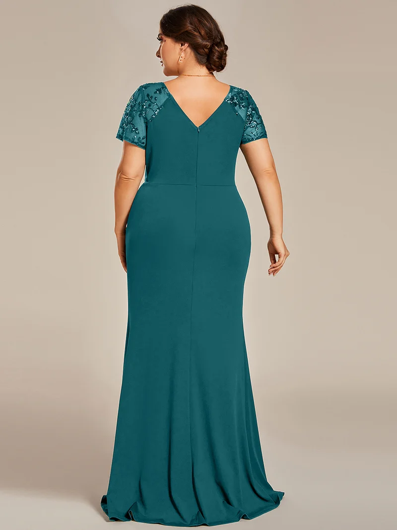 ever GILDED|Robe Mère de la mariée Manches courtes Encolure V profonde Fente sur le devant