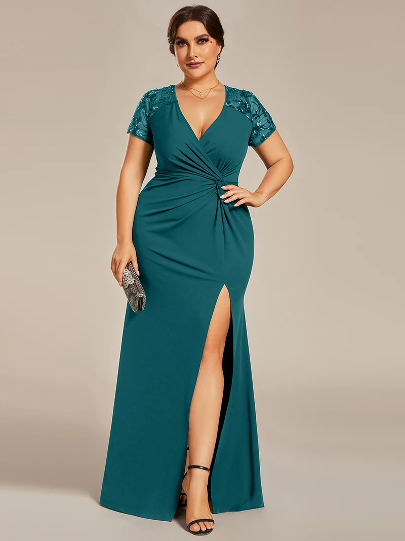 ever GILDED|Robe Mère de la mariée Manches courtes Encolure V profonde Fente sur le devant