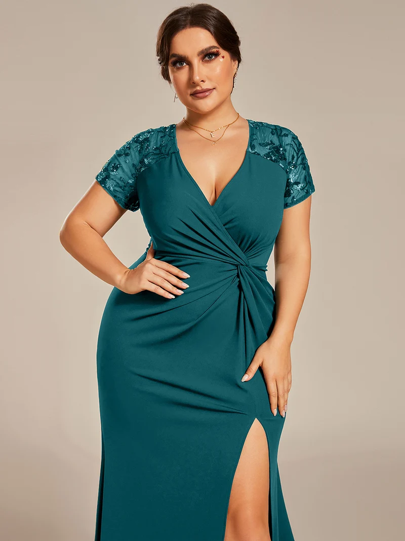 ever GILDED|Robe Mère de la mariée Manches courtes Encolure V profonde Fente sur le devant