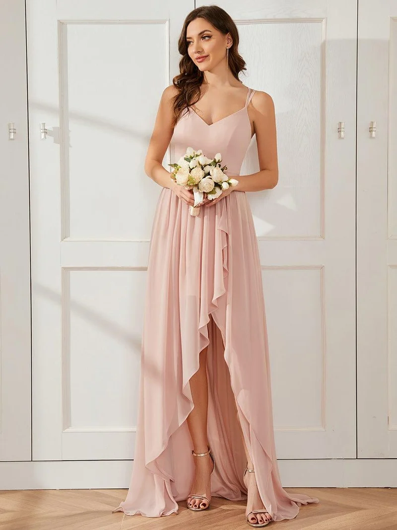 Robe demoiselle d'honneur mousseline bretelles fines et fente sur le devant