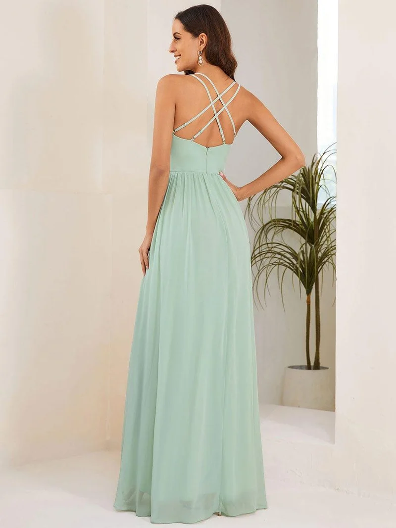 Robe demoiselle d'honneur mousseline bretelles fines et fente sur le devant