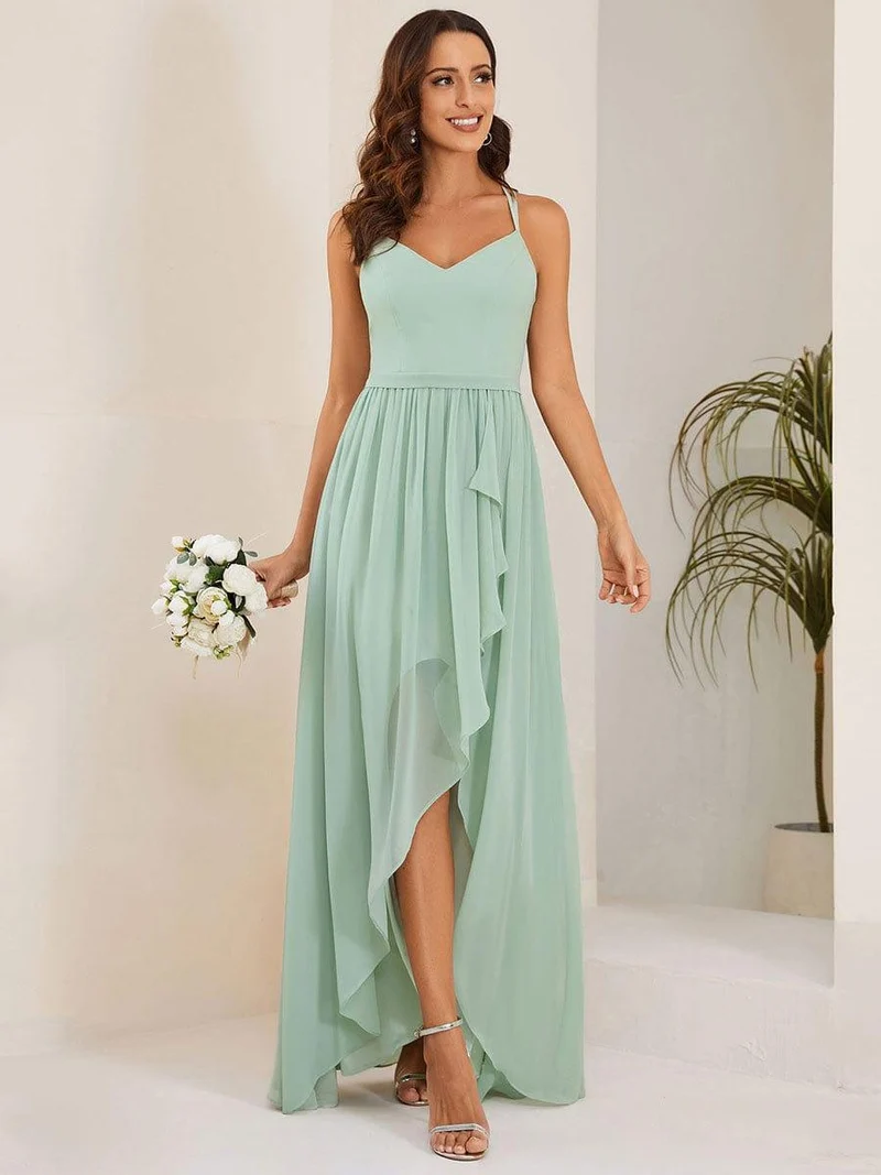 Robe demoiselle d'honneur mousseline bretelles fines et fente sur le devant