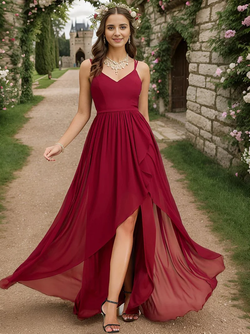 Robe demoiselle d'honneur mousseline bretelles fines et fente sur le devant