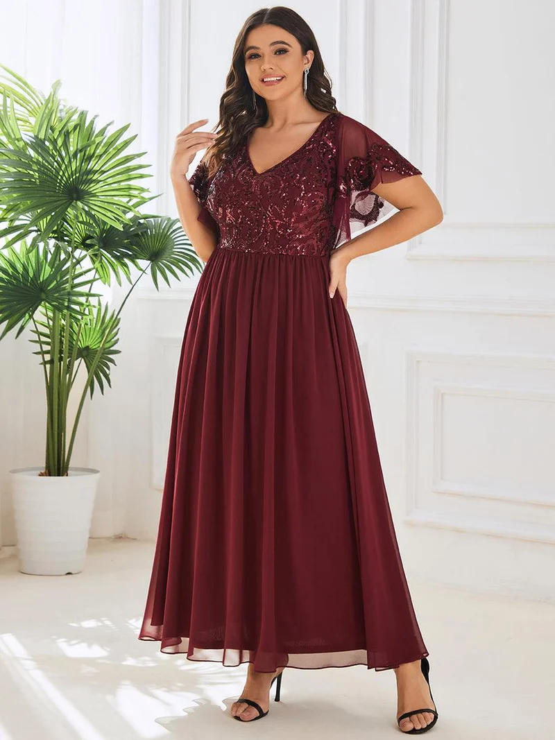 pretty HAZEL|Robe Mère de la Mariée Col en V Manches Courtes Corsage à Paillettes Grande Taille