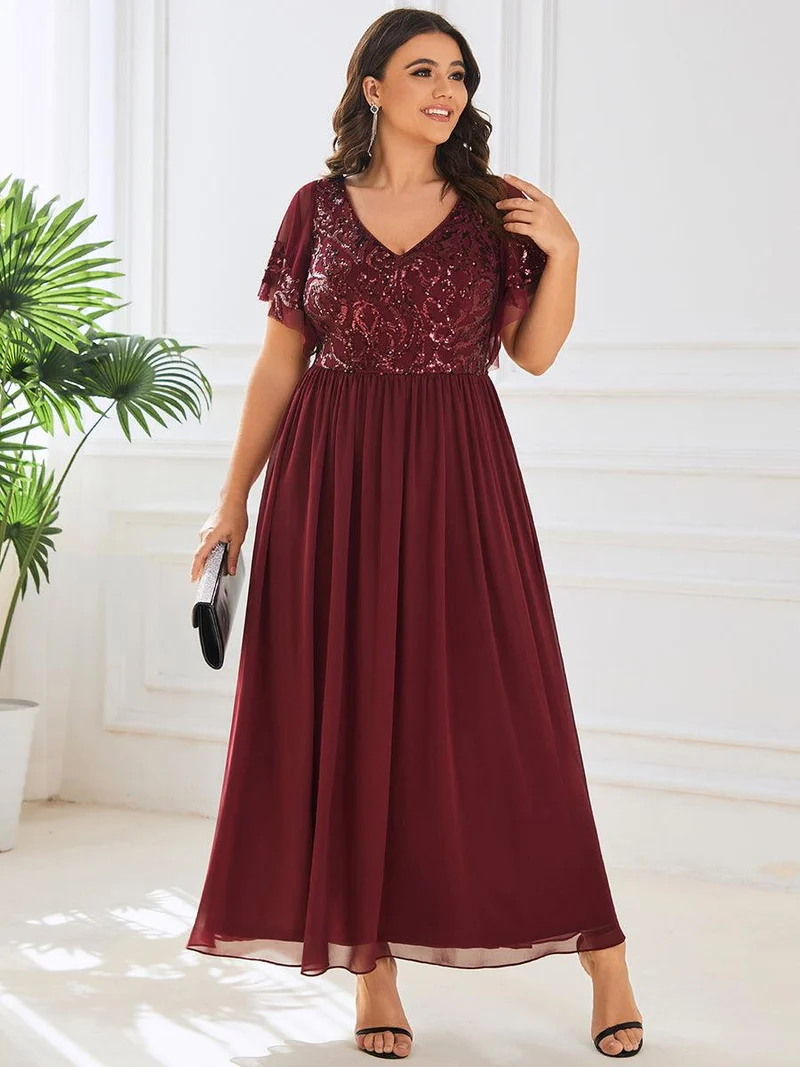 pretty HAZEL|Robe Mère de la Mariée Col en V Manches Courtes Corsage à Paillettes Grande Taille