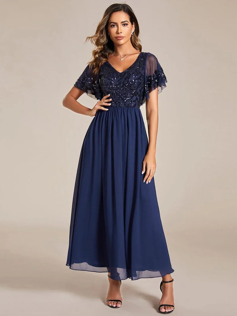 pretty HAZEL|Robe Mère de la Mariée Col en V Manches Courtes Corsage à Paillettes Grande Taille