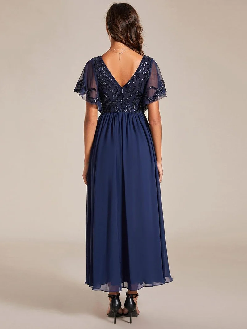 pretty HAZEL|Robe Mère de la Mariée Col en V Manches Courtes Corsage à Paillettes Grande Taille