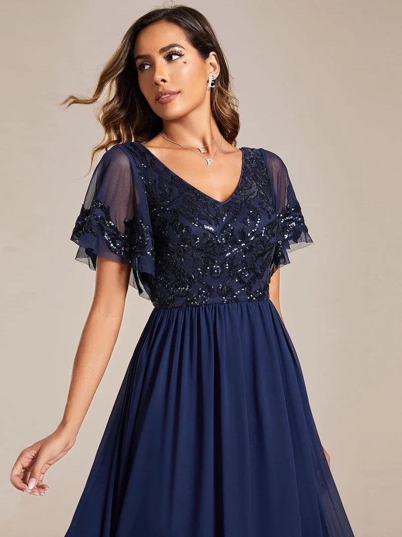 pretty HAZEL|Robe Mère de la Mariée Col en V Manches Courtes Corsage à Paillettes Grande Taille