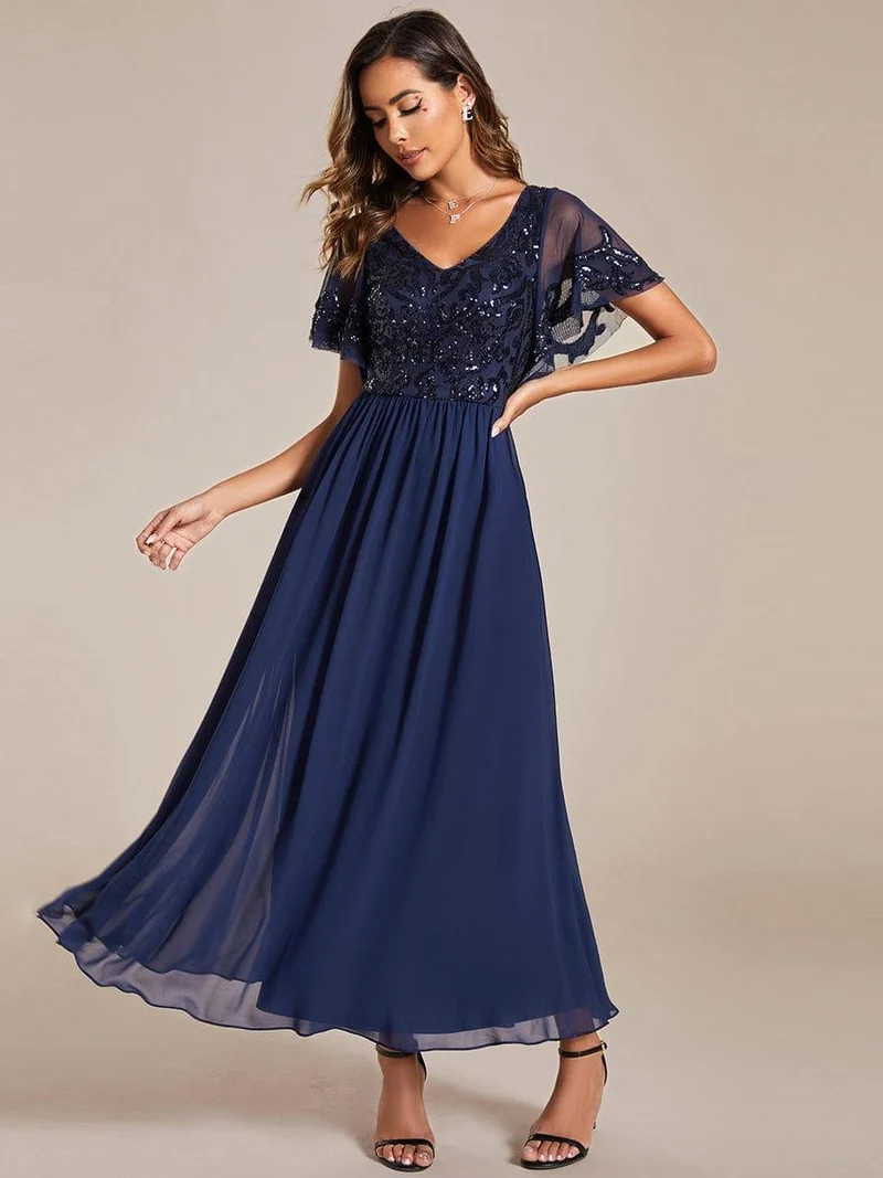 pretty HAZEL|Robe Mère de la Mariée Col en V Manches Courtes Corsage à Paillettes Grande Taille