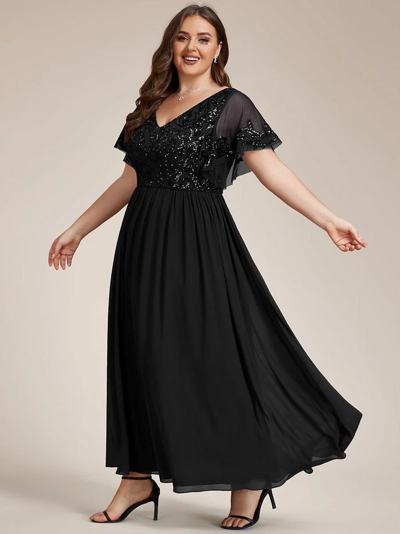 pretty HAZEL|Robe Mère de la Mariée Col en V Manches Courtes Corsage à Paillettes Grande Taille