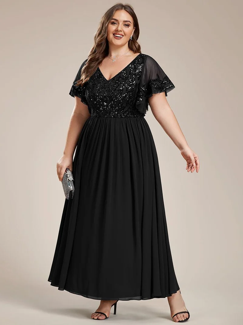 pretty HAZEL|Robe Mère de la Mariée Col en V Manches Courtes Corsage à Paillettes Grande Taille