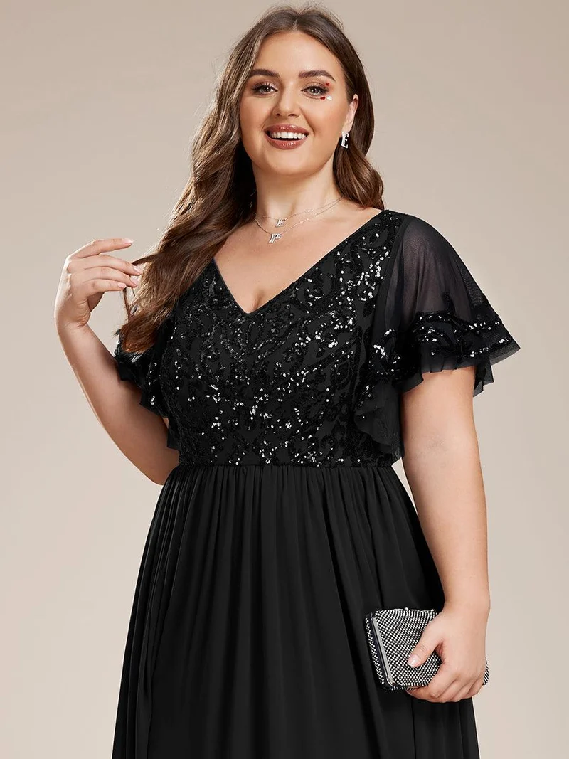 pretty HAZEL|Robe Mère de la Mariée Col en V Manches Courtes Corsage à Paillettes Grande Taille