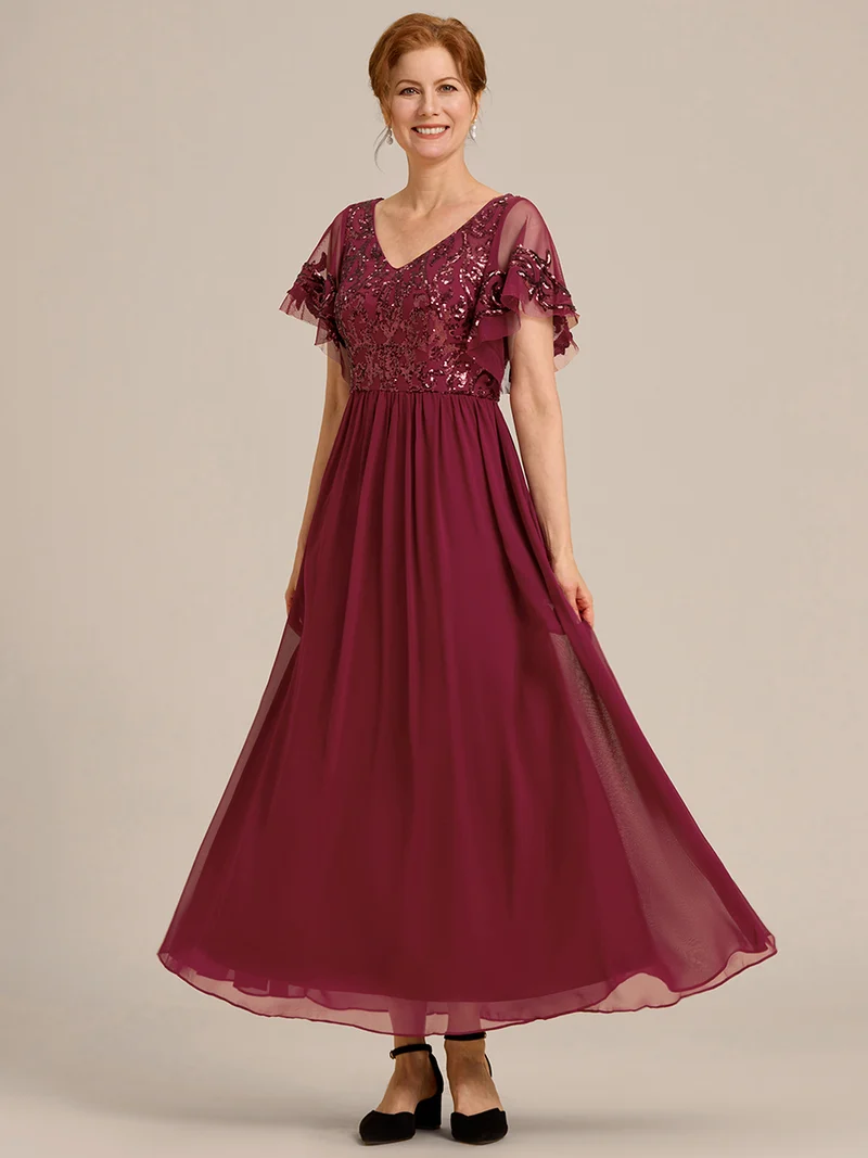ever HAZEL|Robe Mère de la Mariée en mousseline à manches courtes et encolure en V