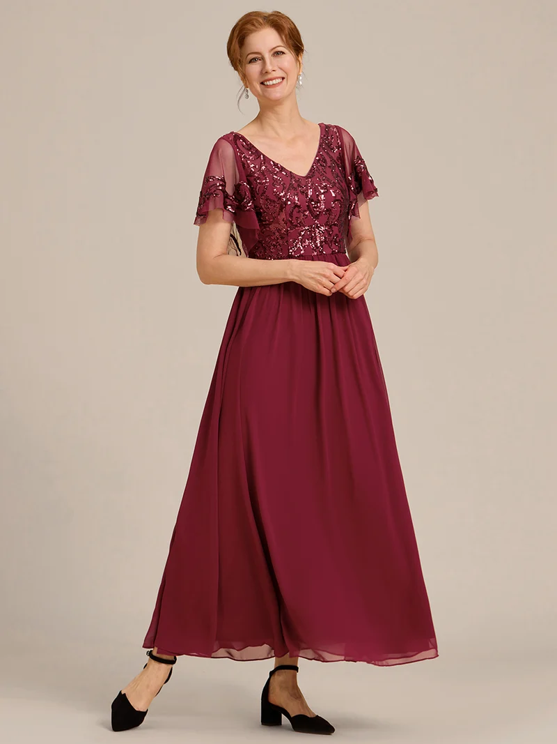 ever HAZEL|Robe Mère de la Mariée en mousseline à manches courtes et encolure en V