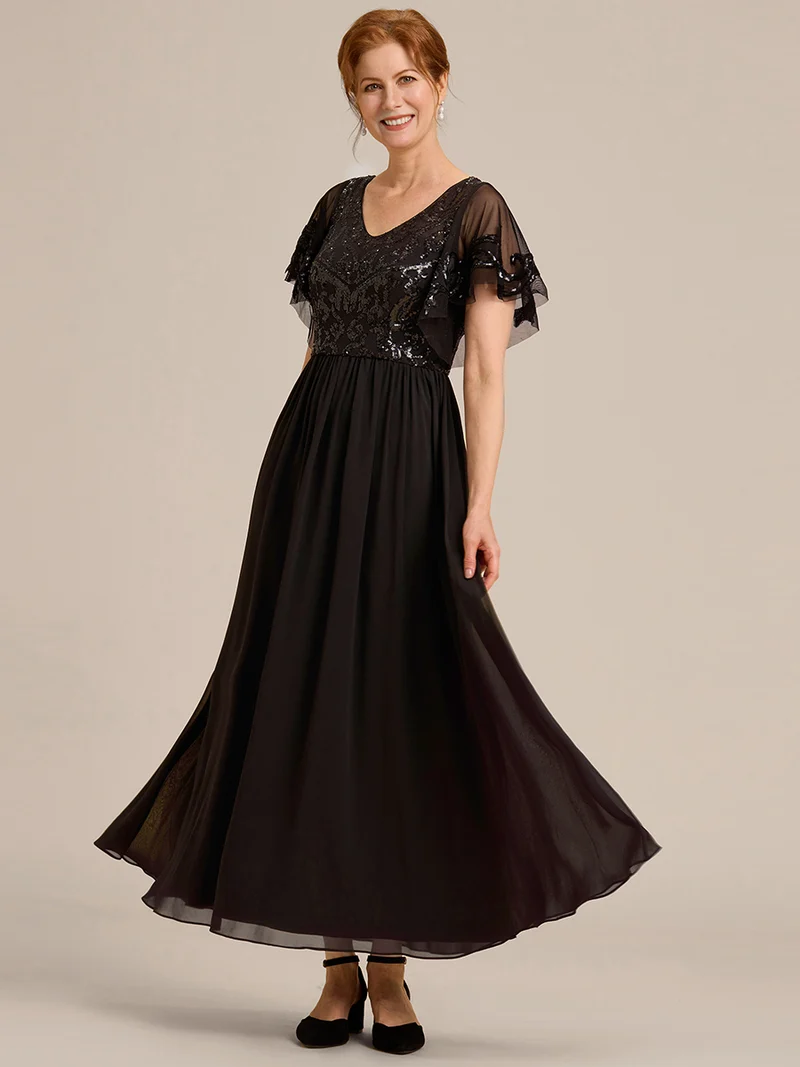 ever HAZEL|Robe Mère de la Mariée en mousseline à manches courtes et encolure en V