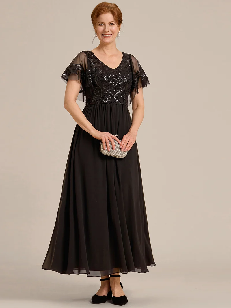 ever HAZEL|Robe Mère de la Mariée en mousseline à manches courtes et encolure en V