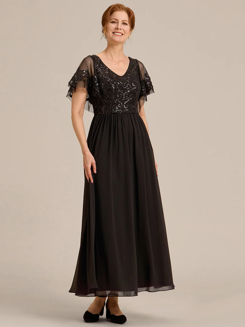 ever HAZEL|Robe Mère de la Mariée en mousseline à manches courtes et encolure en V