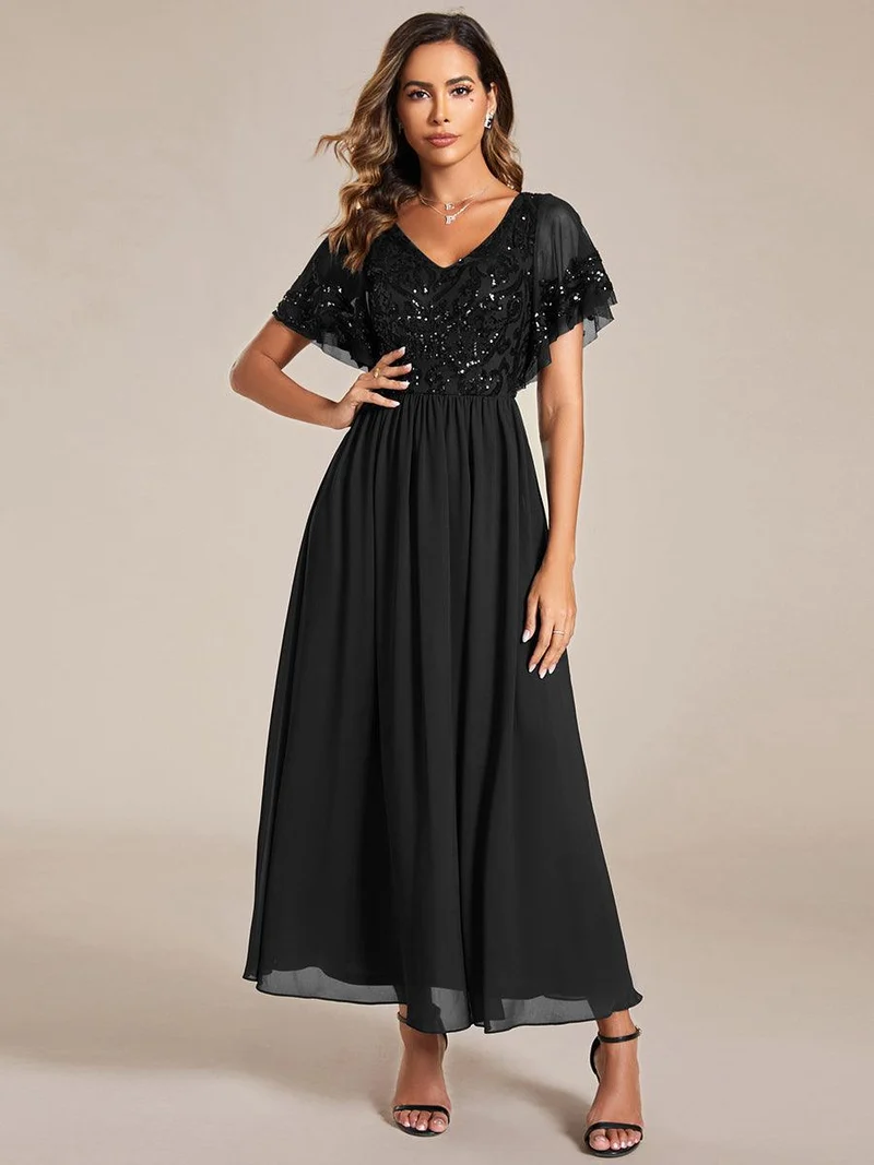 ever HAZEL|Robe Mère de la Mariée en mousseline à manches courtes et encolure en V