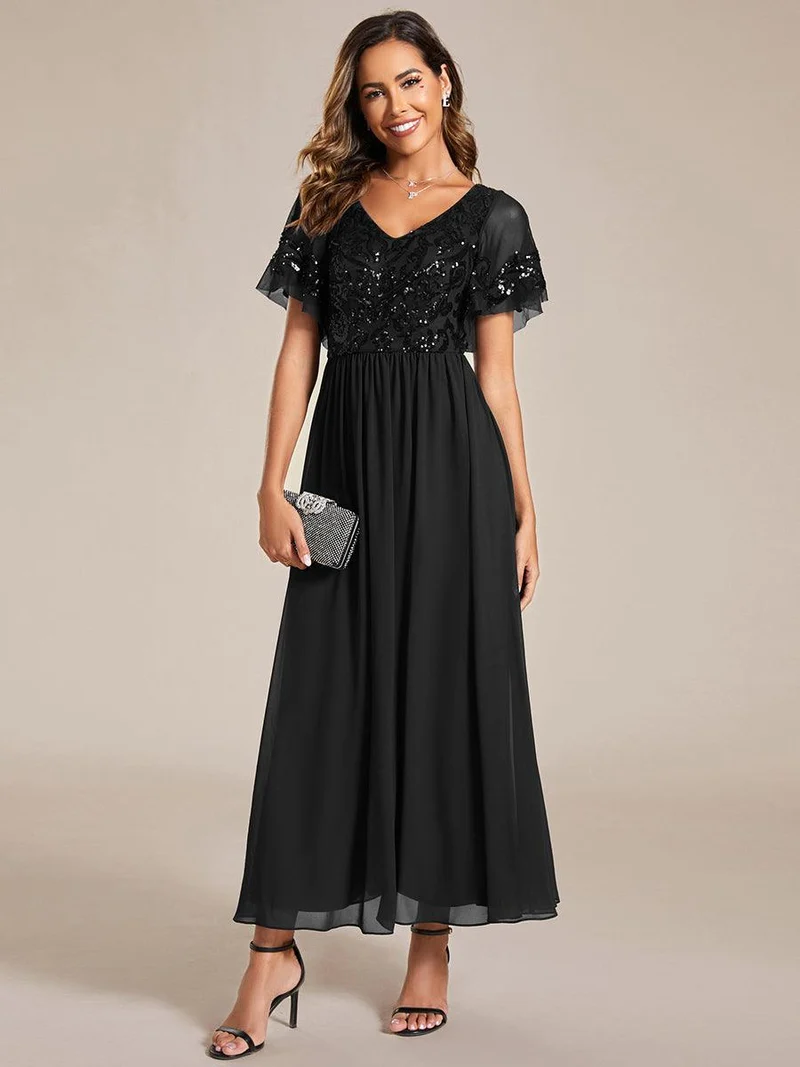 ever HAZEL|Robe Mère de la Mariée en mousseline à manches courtes et encolure en V