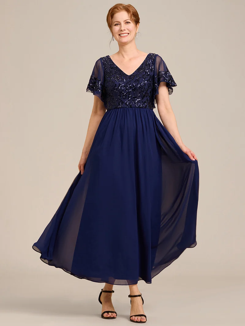 ever HAZEL|Robe Mère de la Mariée en mousseline à manches courtes et encolure en V