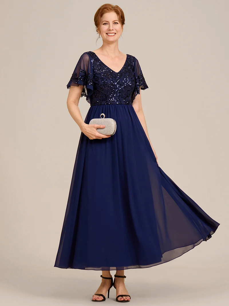 ever HAZEL|Robe Mère de la Mariée en mousseline à manches courtes et encolure en V