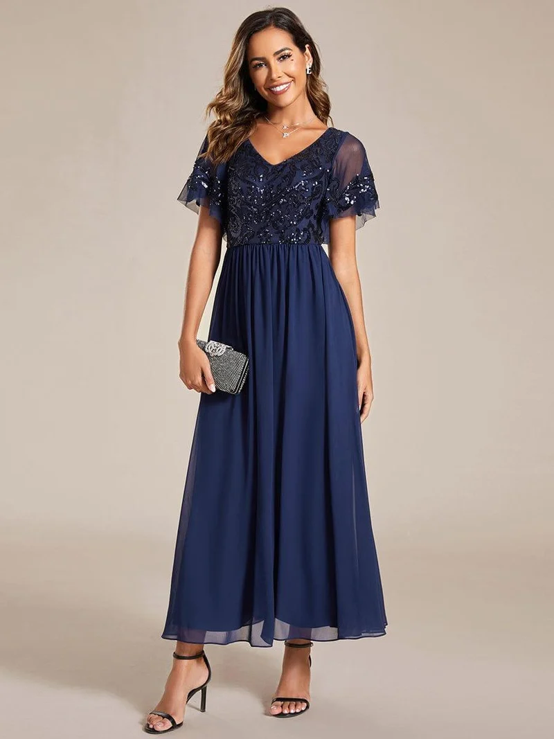 ever HAZEL|Robe Mère de la Mariée en mousseline à manches courtes et encolure en V