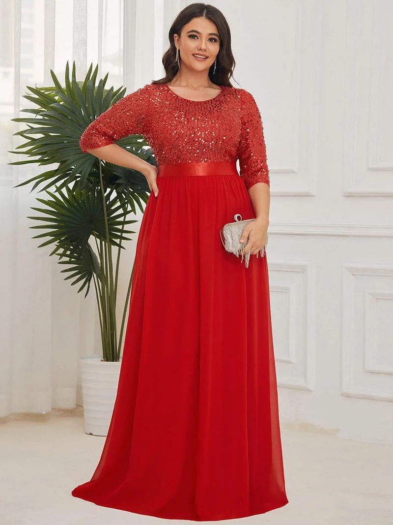 Robe de soirée Chic à encolure ronde et à manches 3/4 sequins