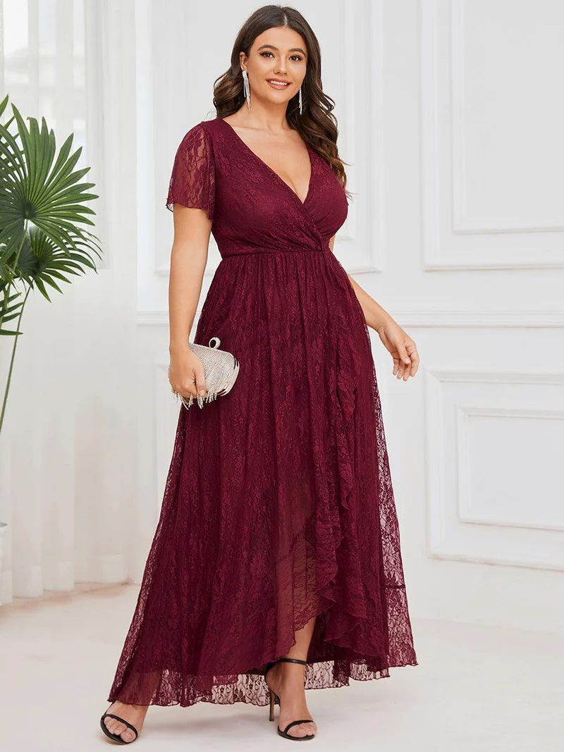 pretty ELISE|Robe de soirée en dentelle plissée à manches courtes et col en V Grande taille