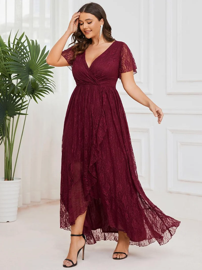 pretty ELISE|Robe de soirée en dentelle plissée à manches courtes et col en V Grande taille