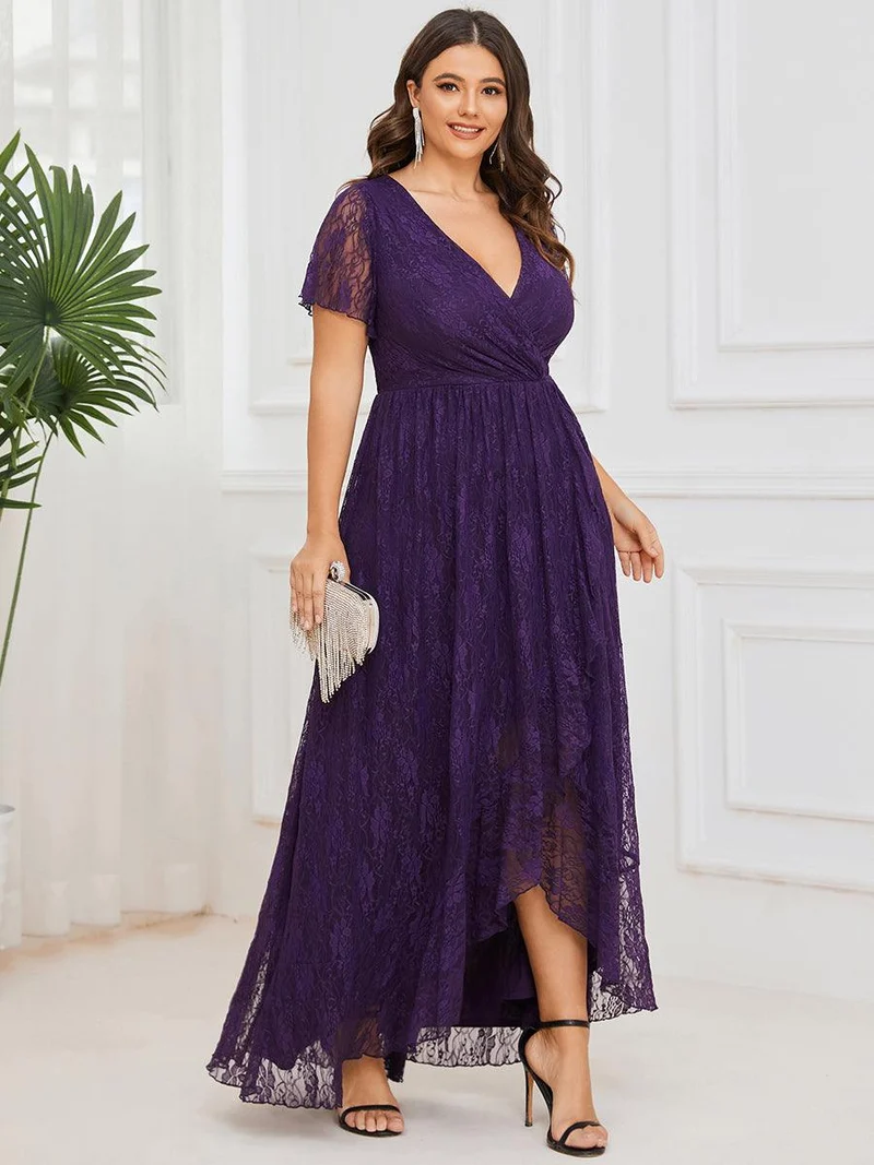 pretty ELISE|Robe de soirée en dentelle plissée à manches courtes et col en V Grande taille
