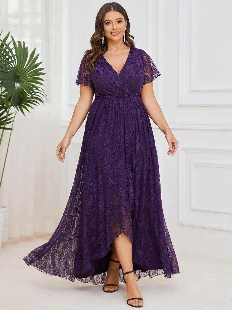 pretty ELISE|Robe de soirée en dentelle plissée à manches courtes et col en V Grande taille