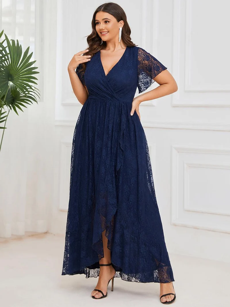 pretty ELISE|Robe de soirée en dentelle plissée à manches courtes et col en V Grande taille