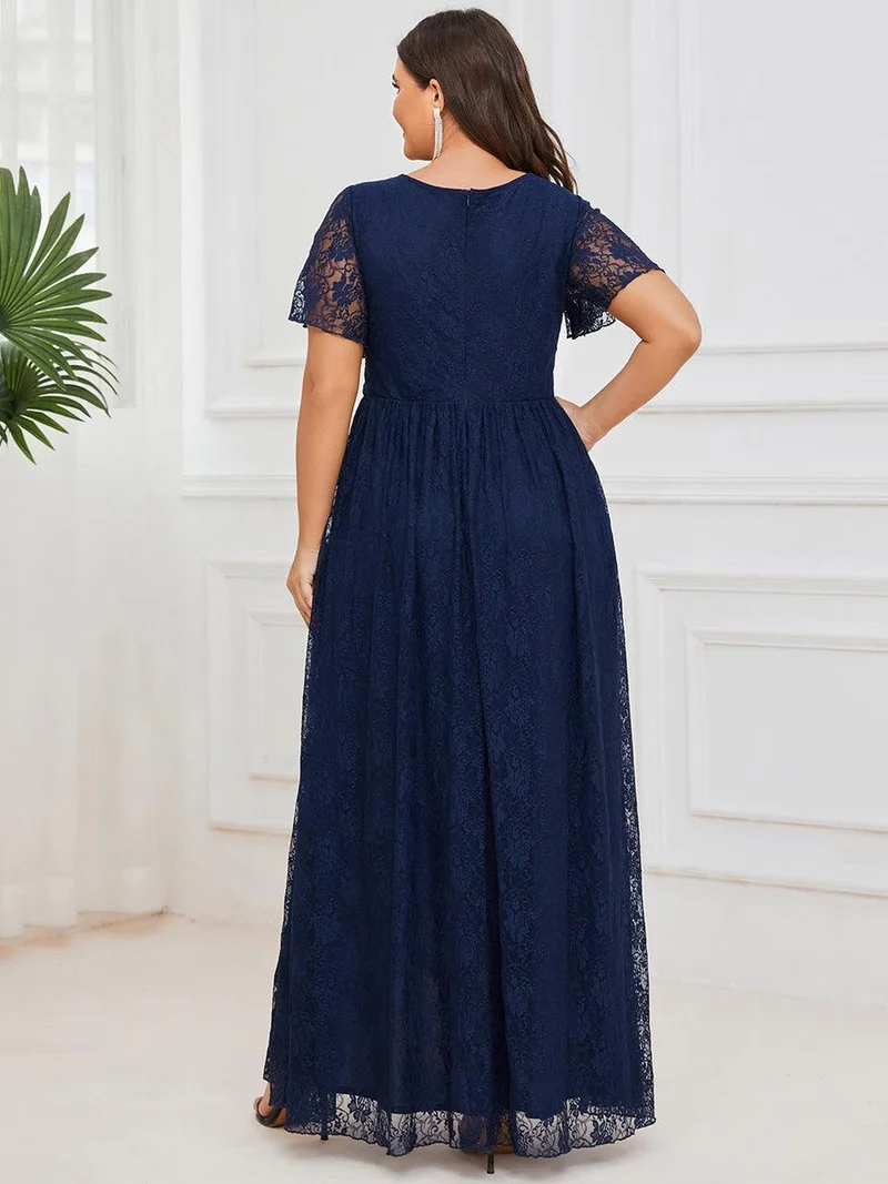 pretty ELISE|Robe de soirée en dentelle plissée à manches courtes et col en V Grande taille