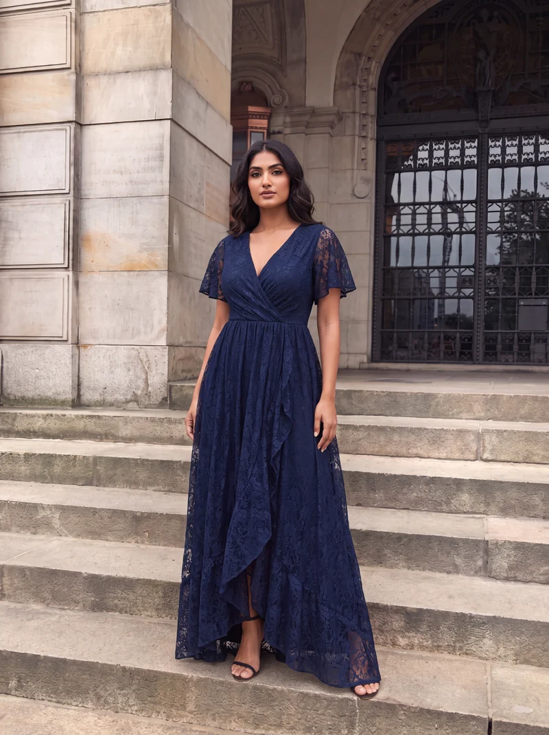 pretty ELISE|Robe de soirée en dentelle plissée à manches courtes et col en V Grande taille