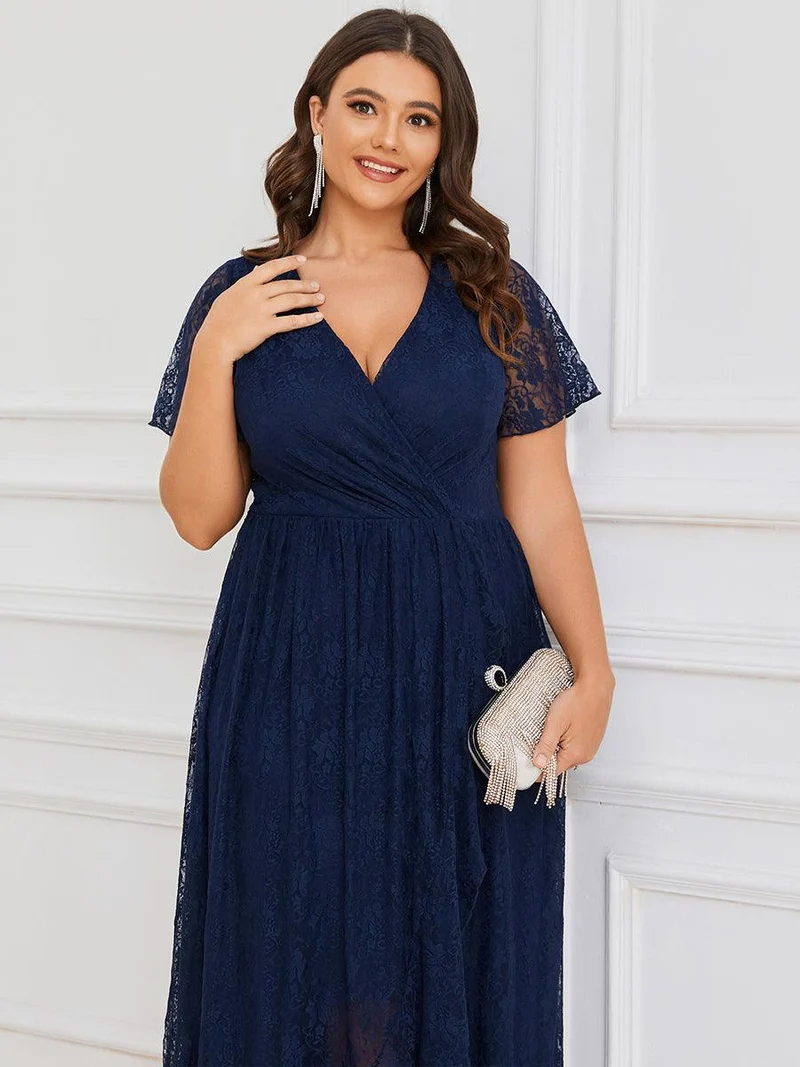 pretty ELISE|Robe de soirée en dentelle plissée à manches courtes et col en V Grande taille